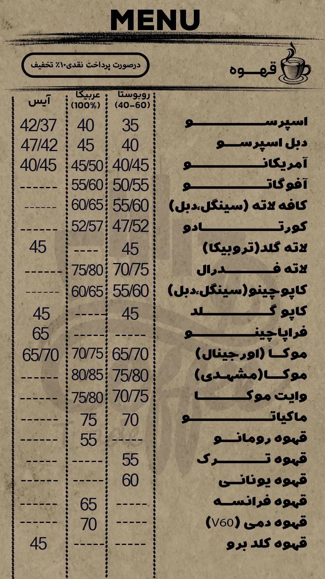 منوی قهوه کافه ترید